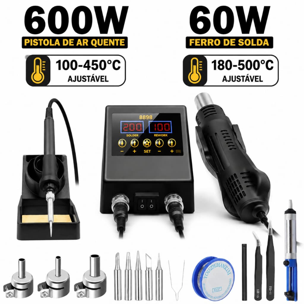 Estação de Solda e Retrabalho 2 em 1 600W Profissional, Ferro de Solda,Modo Sleep Automático, Kit Completo