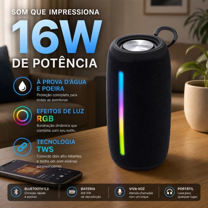 Caixa de Som Bluetooth 16W Sem Fio Luz RGB Led Portátil TWS Recarregável Colorida Para FM/SD/USB IPX6-HY-663