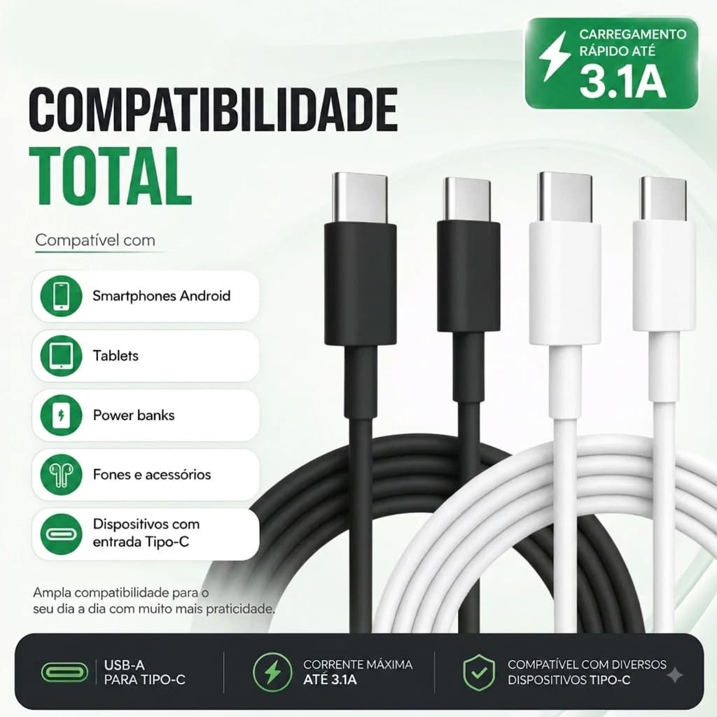 Cabo USB C 60W PD Turbo Carga Rápida Para iPhone Android Notebook Macbook Cabo Tipo C Dados 1 Metro