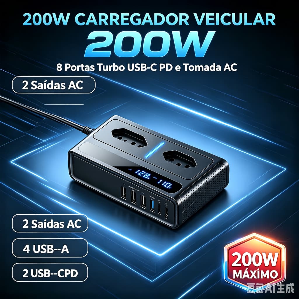 🔥8 em 1🔥Inversor De Energia Automotivo 200W 12V Para 110V Turbo USB-C PD USB-A Tomada AC