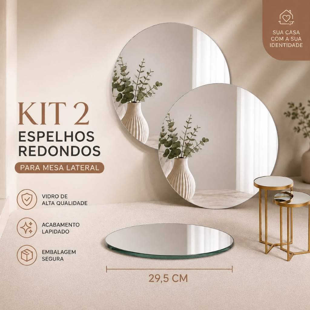 Kit 2 Espelhos Redondos 29,5cm para Mesinha Lateral Tampo de Mesa Espelho Lapidado Decorativo