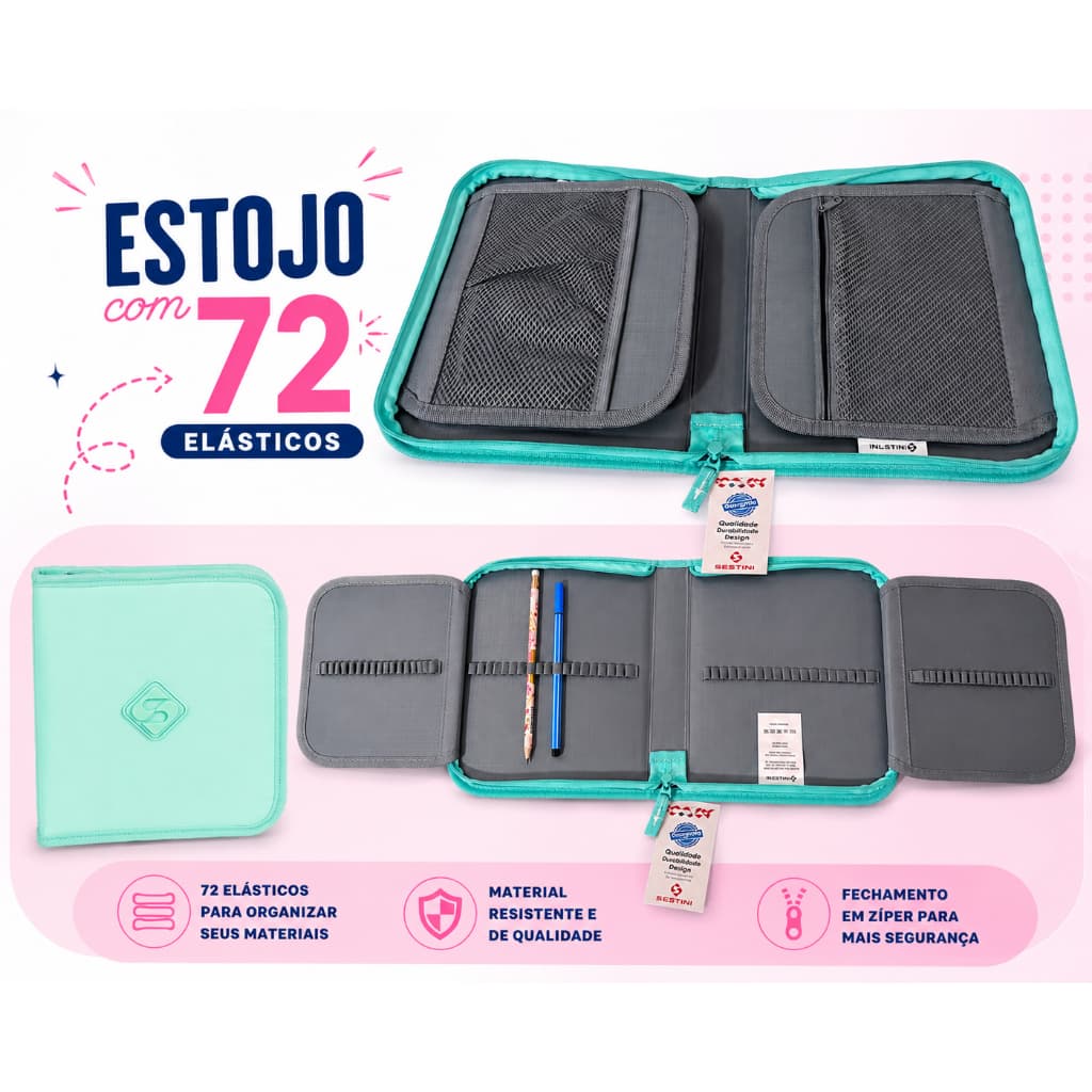 Estojo Grande Artístico com 72 elásticos Verde Água Sestini