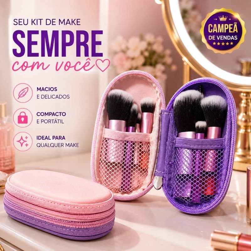 Conjunto 10 Pincéis para Maquiagem Pele Olhos com Bolsa Organizadora Courino Rosa e Roxo