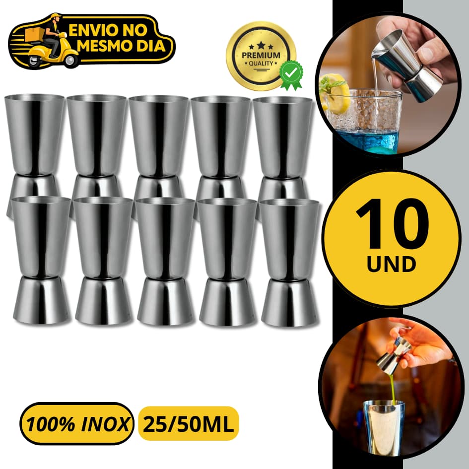 KIT 5/10 Dosador Duplo Medidor de Bebidas em Aço Inox 25/50ml Jigger Drinks Coquetéis Bartender Bar