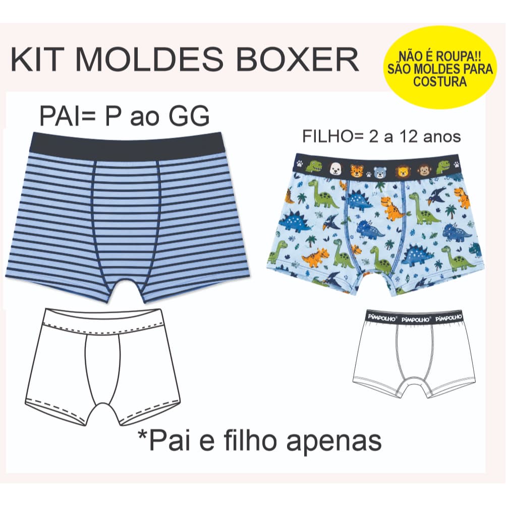 Kit REF7003 + REF4003 Moldes Cueca Boxer Infantil e Masculina Adulto Multitamanhos Impresso em Papel Kraft