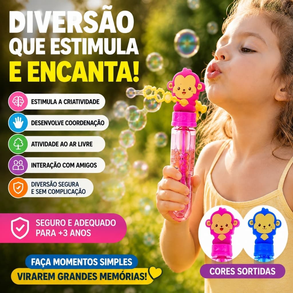 🐵 Bolha de Sabão Infantil Macaquinho com Líquido e Soprador – Diversão para Crianças