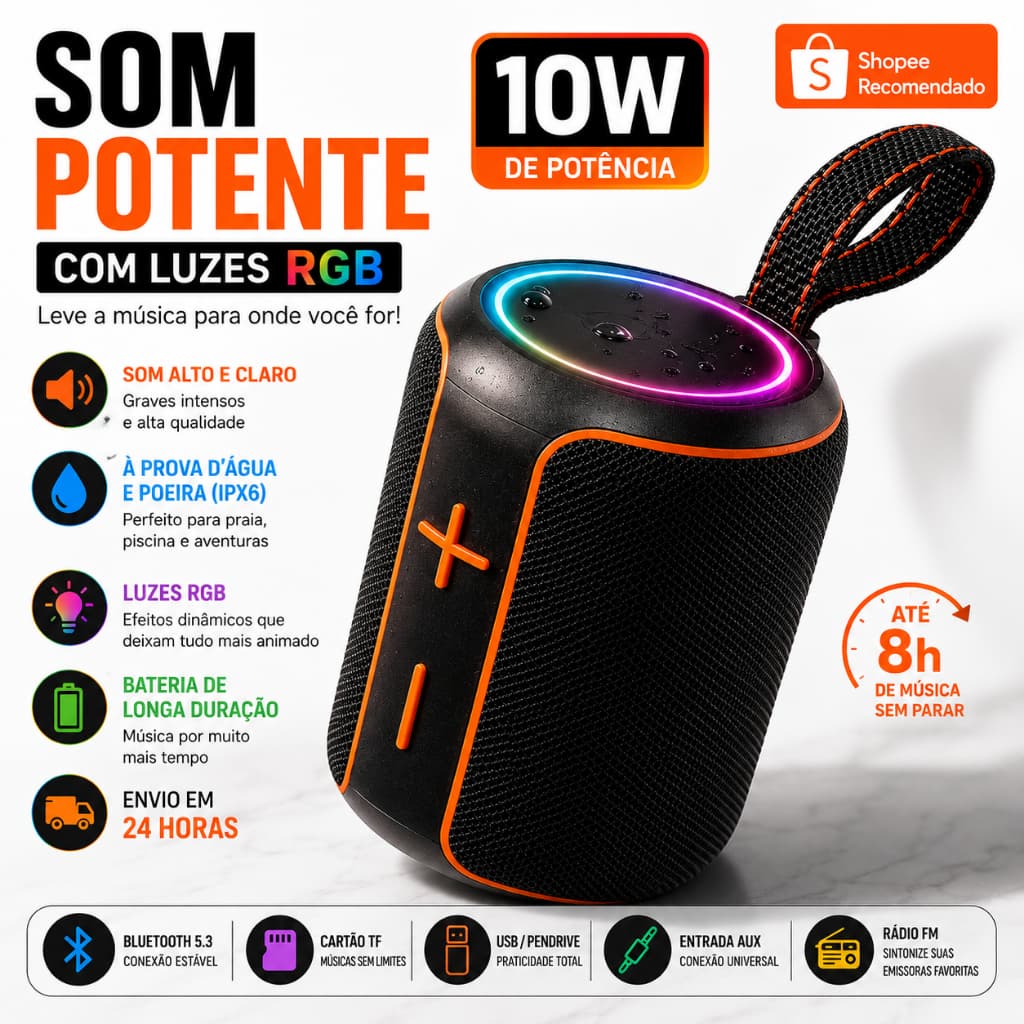 Caixa de Som Bluetooth 10W Potente LED RGB IPX6 Rádio FM USB TF AUX Portátil Sem Fio