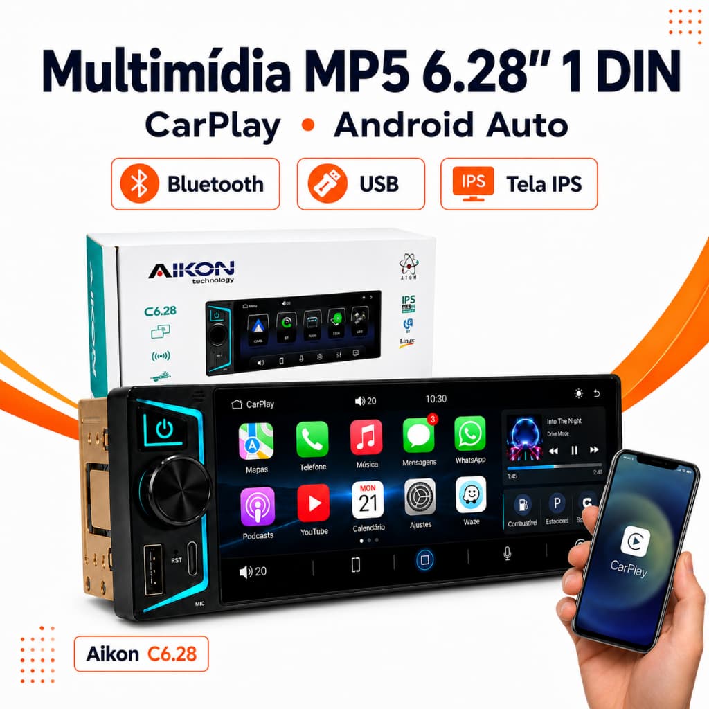 central multimidia aikon 1 din 6.28" mp5 carplay android auto bluetooth espelhamento via cabo usb c botao power
