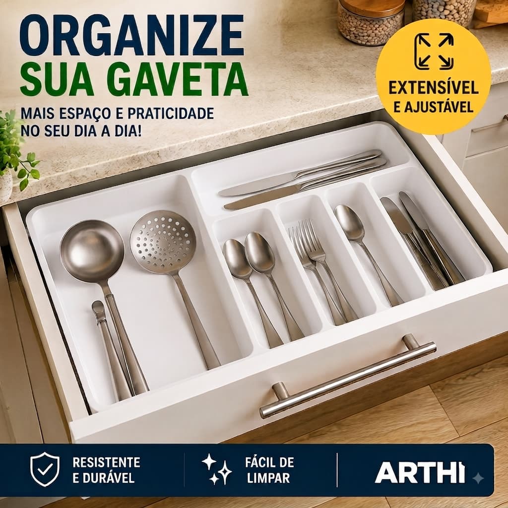 Organizador De Gaveta Extensível Porta Talheres Utensílios Arthi
