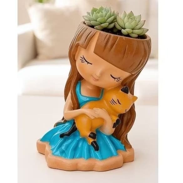 Vaso - Cachepô Menina com Gatinho Para Suculentas