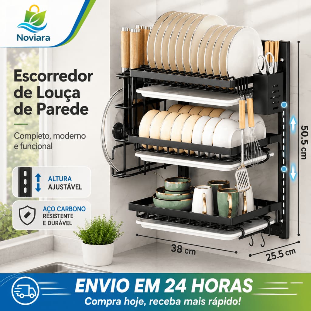 Escorredor de Louças de Parede 2 ou 3 Andares com ou sem Furos Organizador com Porta-Talheres Preto