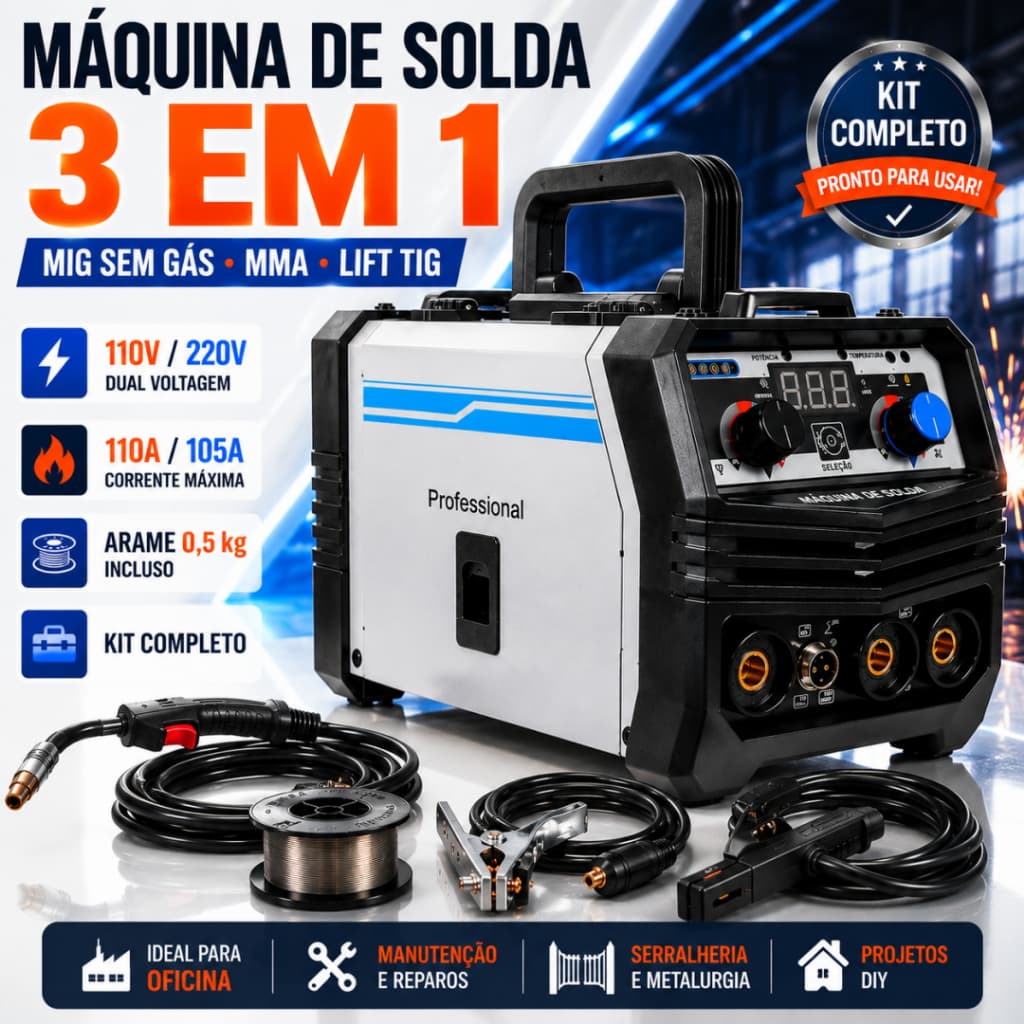 Máquina de Solda Inversora 3 em 1 MIG Sem Gás MMA Lift TIG 110V/220V com Kit Completo