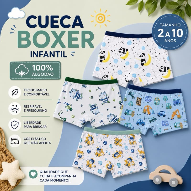 Kit até 06 Cueca Boxer Infantil Menino 2 a 10 Anos Conforto Premium