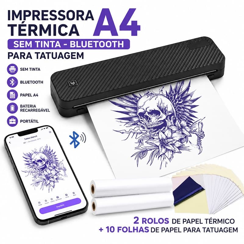 Impressora Tattoo Térmica A4 Bluetooth Sem Tinta Portátil Para Papel Transfer Decalque Recarregável
