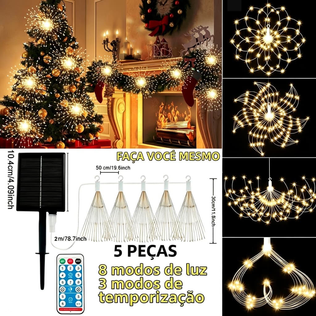 Kit 5 Luzes De Fogos De Artifício Solar Pacote Com 450 Leds Controle Remoto Decoração de Natal Festa