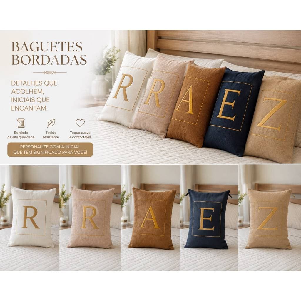 Almofada Baguete Personalizada Bordada 33x50 Linho Premium com Enchimento e Zíper