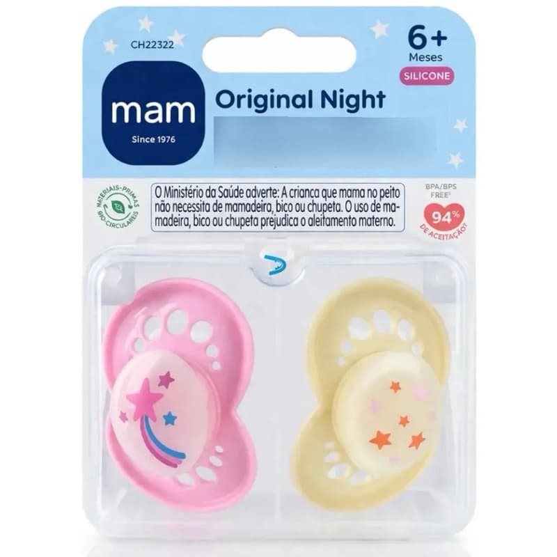 Chupeta Mam +6m Night Brilha Escuro Estojo 2un Silicone