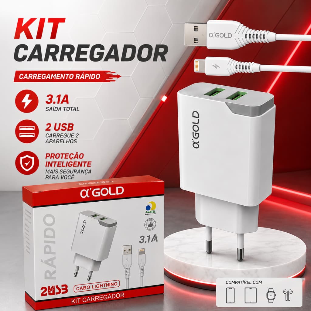 2 Kits Carregadores Iphone Fonte e Cabo USB 25w Lightning 1 Metro Reforçado Flexível Resistente