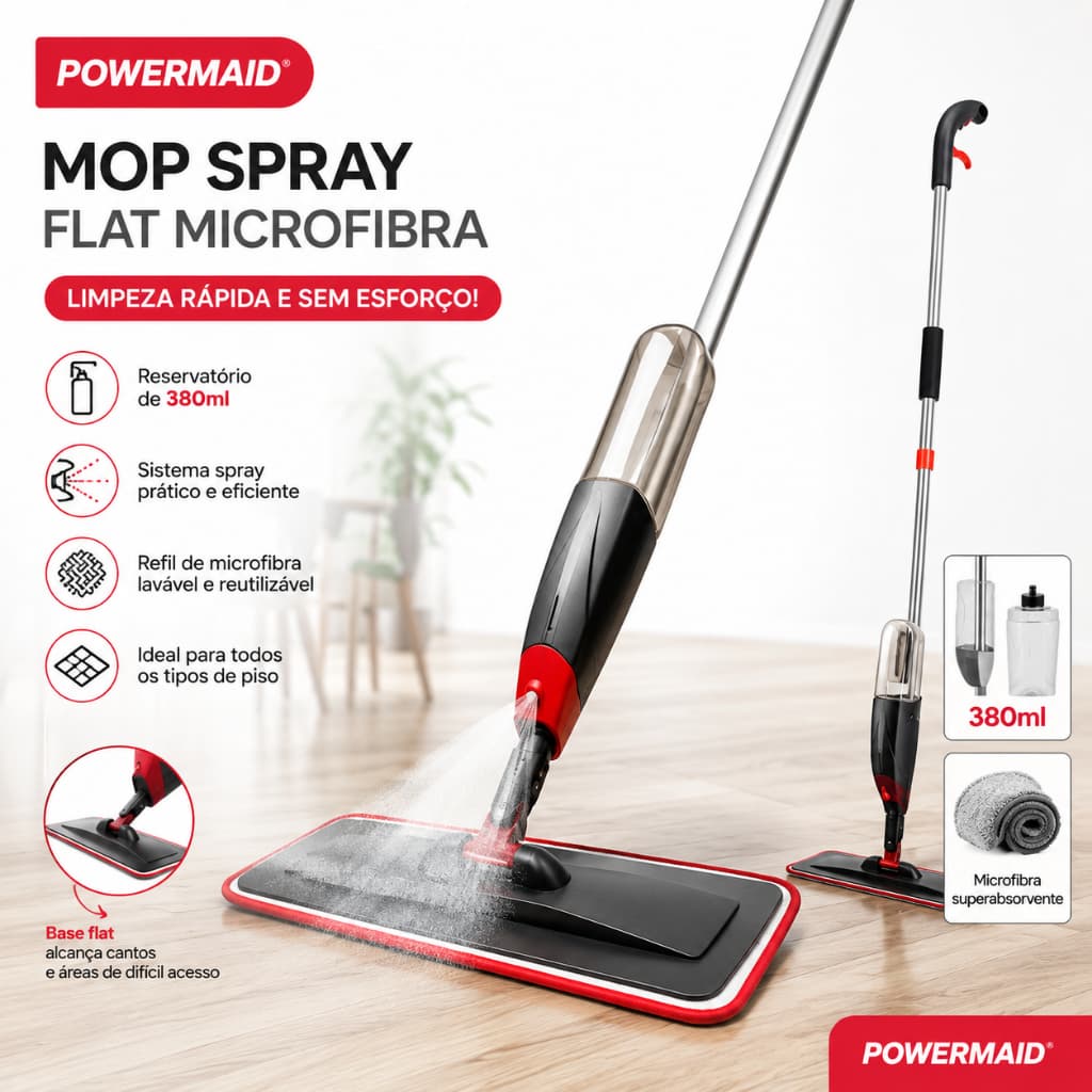 Mop Spray Giratorio Powermaid Borrifador Pulverizador Com Reservatório 3 Em 1 Microfibra Esfregão