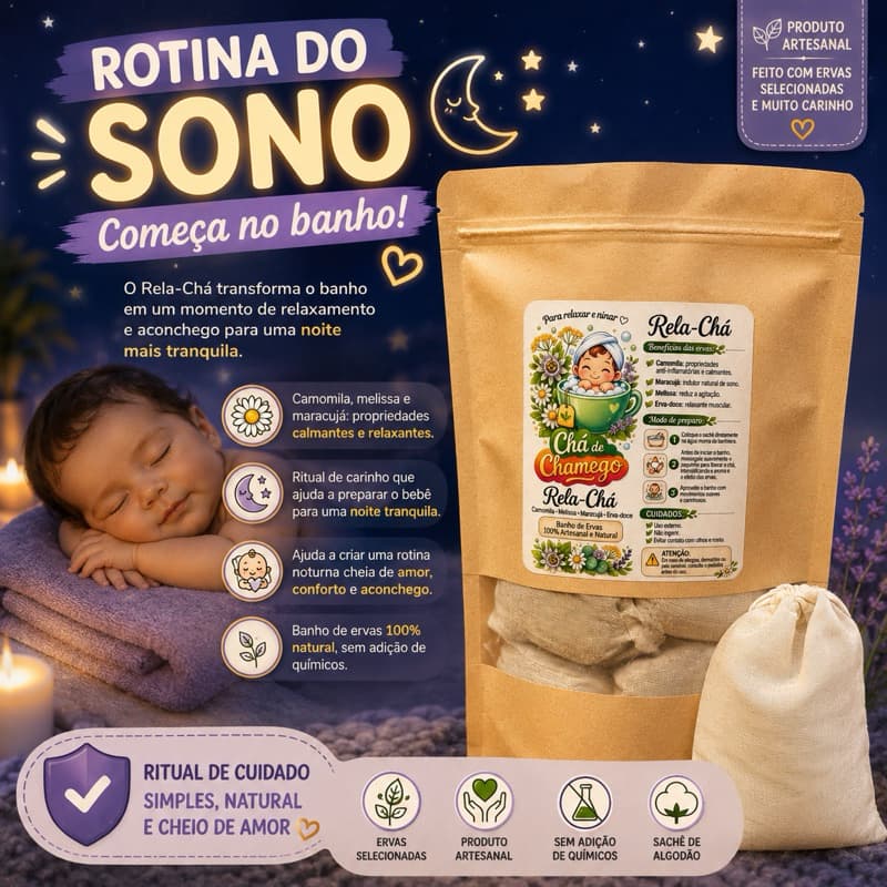 Rela-Chá – Banho de Ervas para Bebê Dormir e Relaxar | 3 Sachês – Rende até 12 Banhos