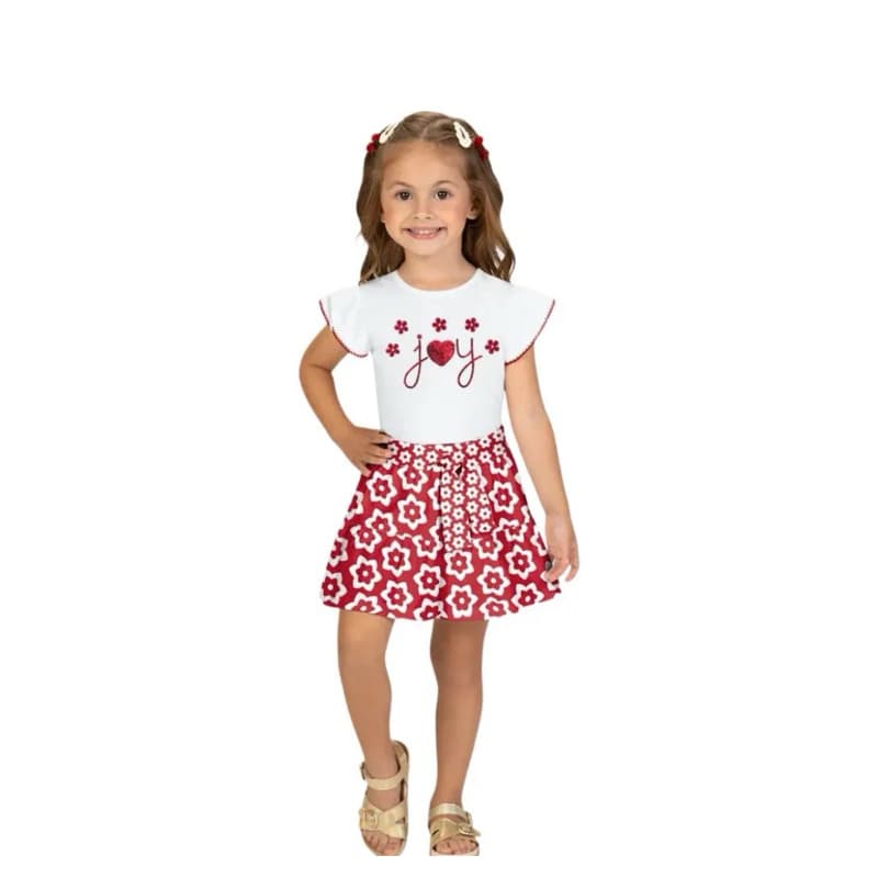 Conjunto kyly Short Saia - Infantil/ Juvenil para as meninas- Branco e Vermelho - Super Confortável
