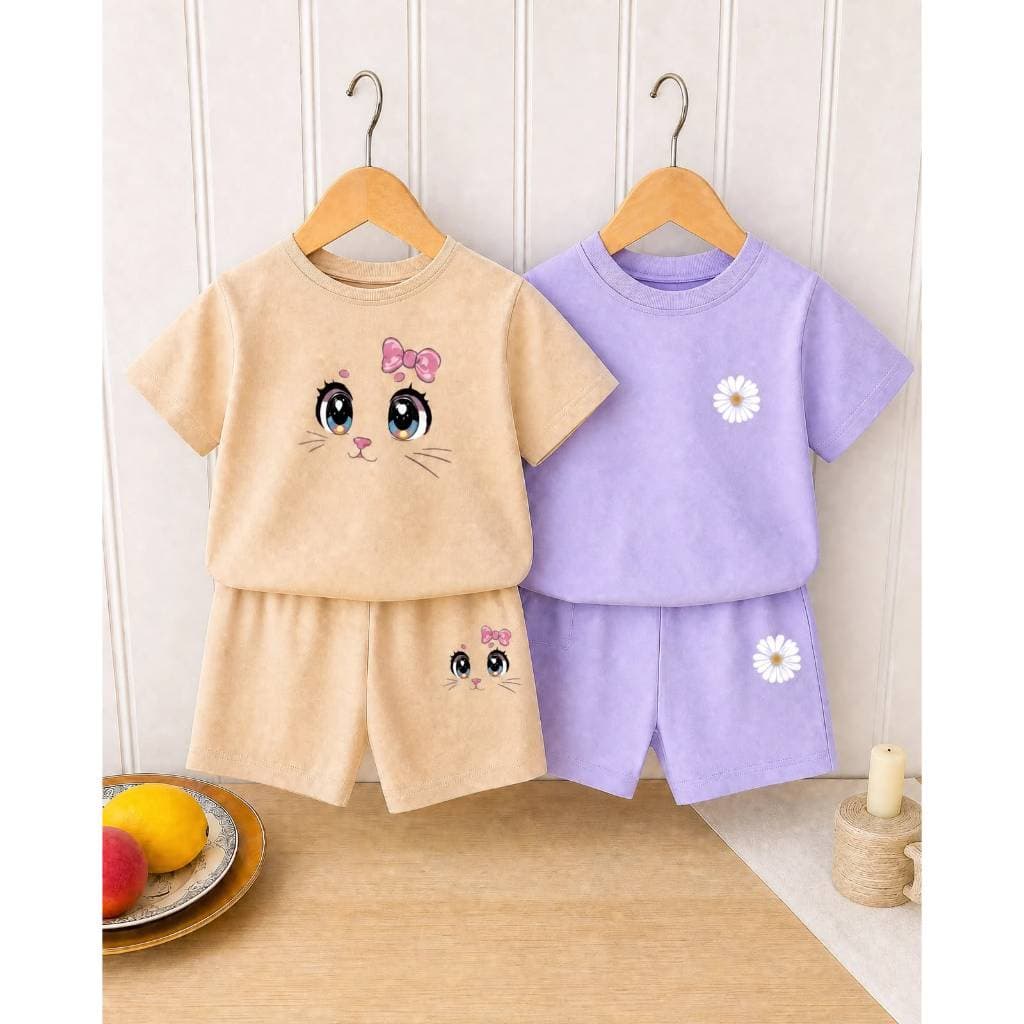 Kit Infantil 4 peças menina  short e camiseta bege gatinha lilás florzinha