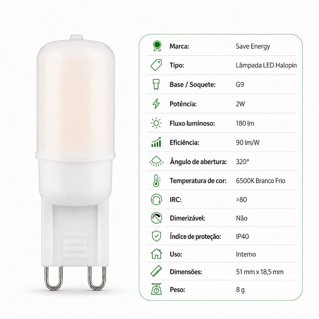 Lampada G9 Decorativa Pendente Arandela 6500k Frio 220v Save Energy