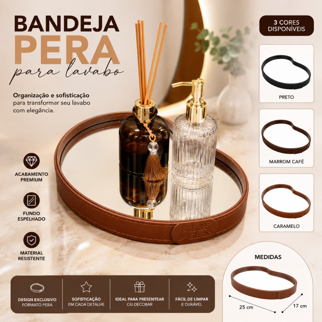 Bandeja para Lavabo Decorativa Pera em Couro Ecológico Porta Perfume e Difusor