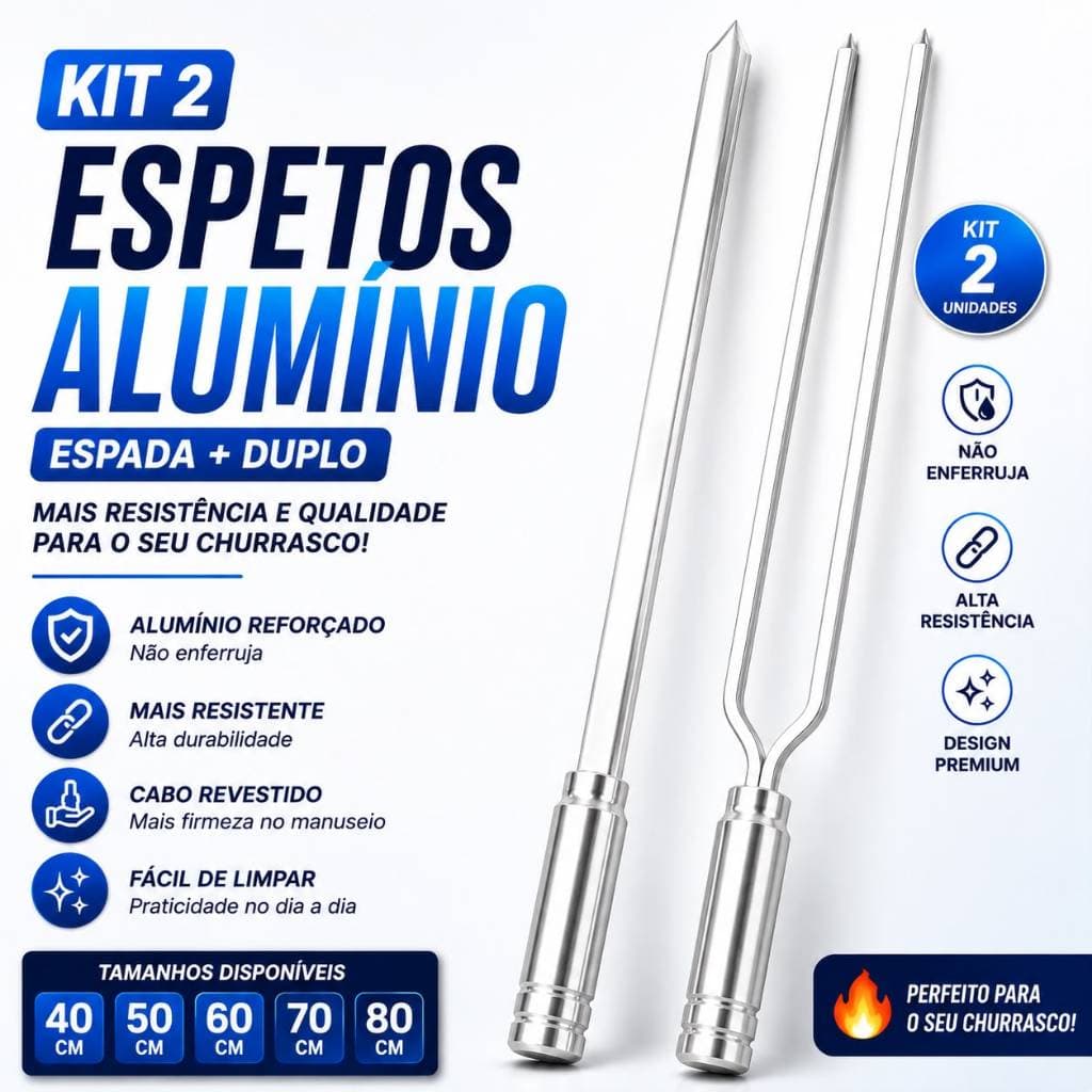 Kit 2 Espetos Para Churrasco Alumínio Reforçado Espada Duplo 40 50 60 70 80cm Churrasqueira Premium