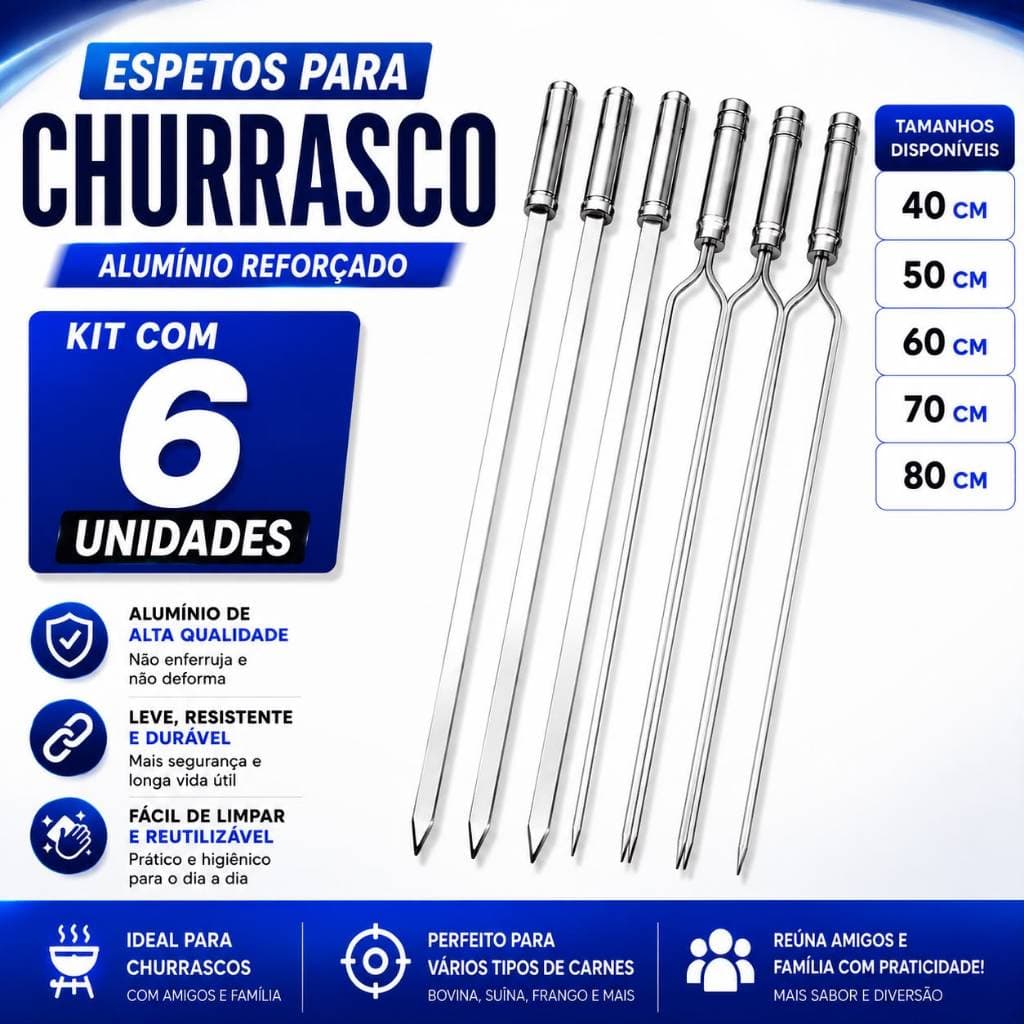 Kit 6 Espetos Churrasco Alumínio Reforçado Duplo Espada 40 50 60 70 80cm Carne Churrasqueira
