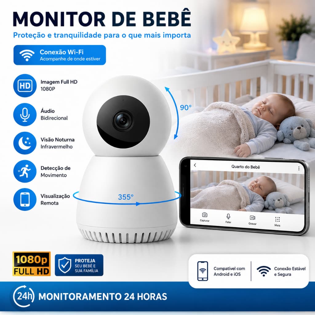 Câmera PTZ Dome Segurança WiFi 2.4G 1MP Giratória 360° Rastreamento Automático Monitor Bebê Idoso Pet Visão Noturna
