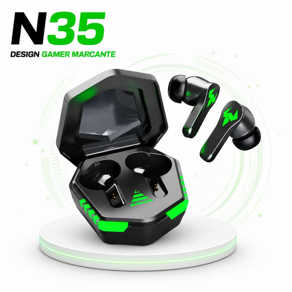 Fone de Ouvido N35 Bluetooth 5.4 TWS Sem Fio Design Gamer Som Claro Até 24H com Estojo