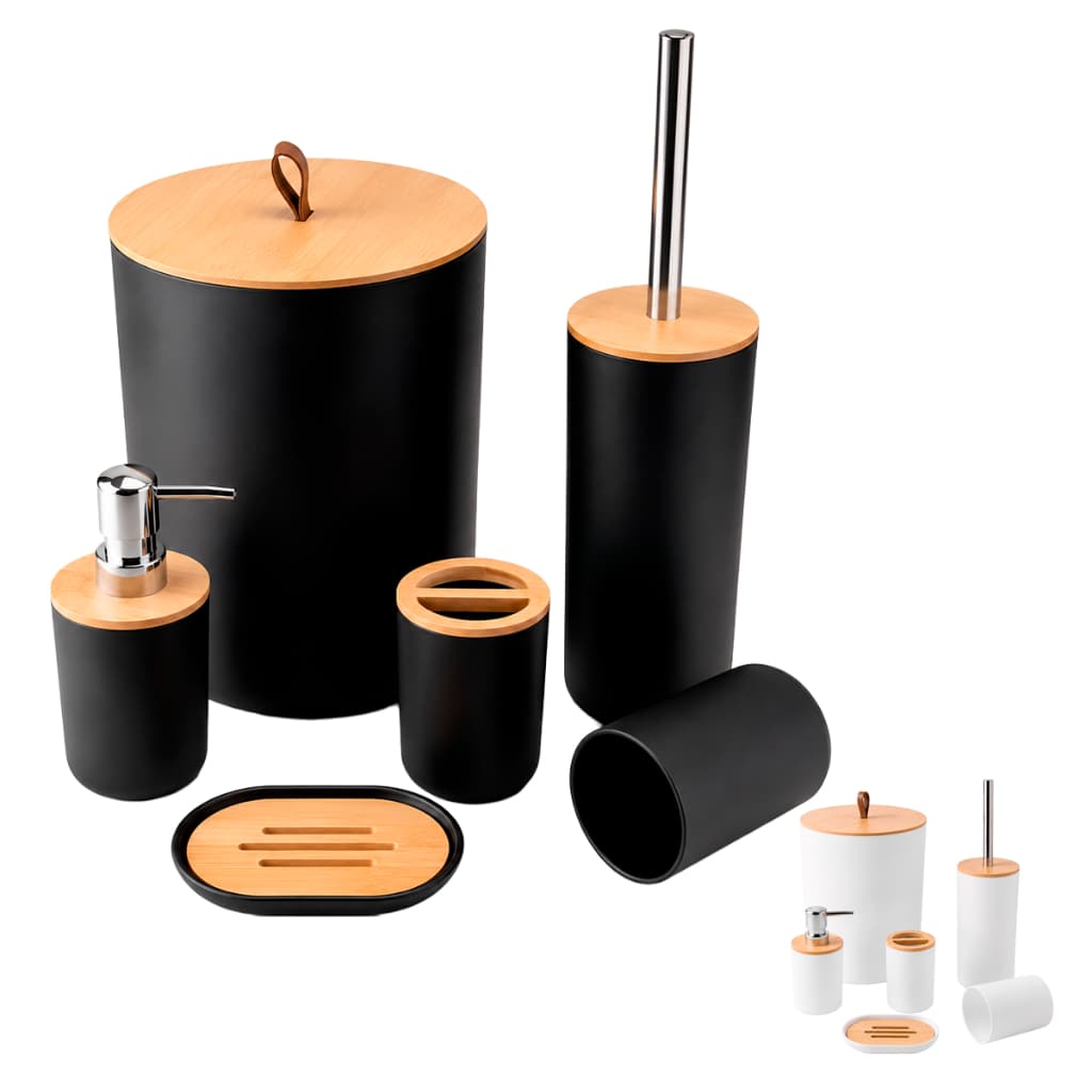 Kit 6 Peças Banheiro Lavabo Conjunto Acessórios lixeira escova Bambu Luxo Preto/Branco