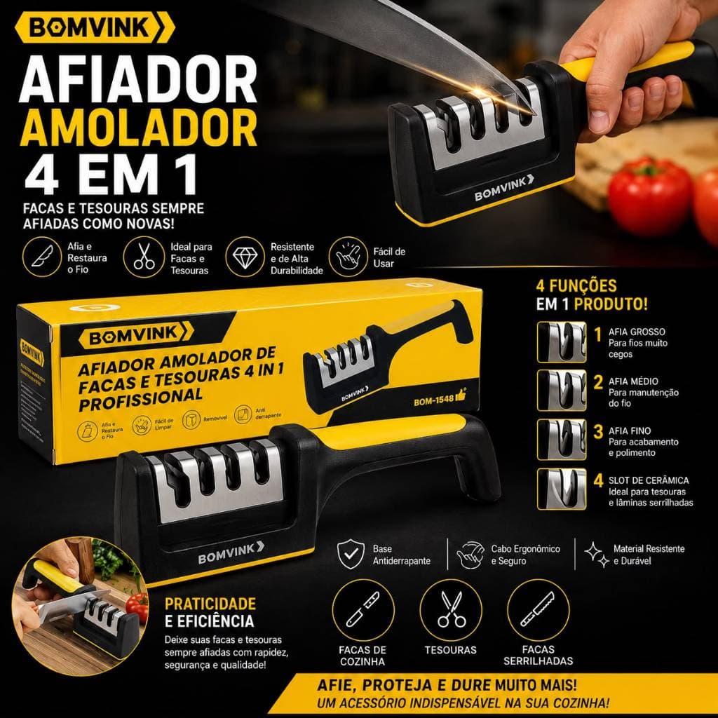 Afiador Amolador de Facas e Tesouras 4 em 1 Profissional BOMVINK – Modelo BOM-1548.