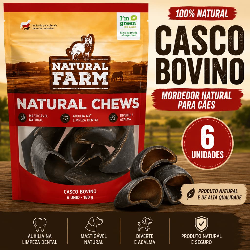 Mordedor Natural Casco Bovino Natural Farm 6 Unidades para Cães Petisco Mastigável