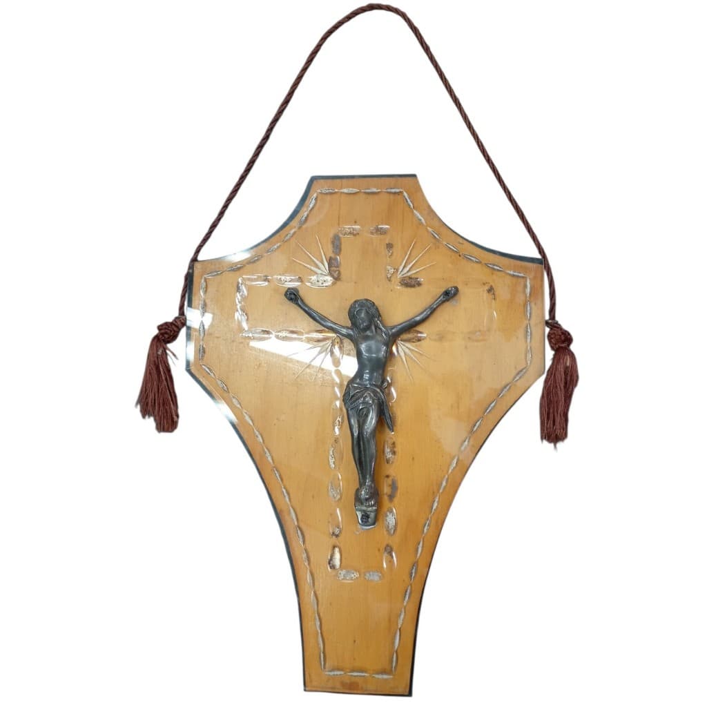 Antigo Crucifixo de Madeira, Vidro e Metal