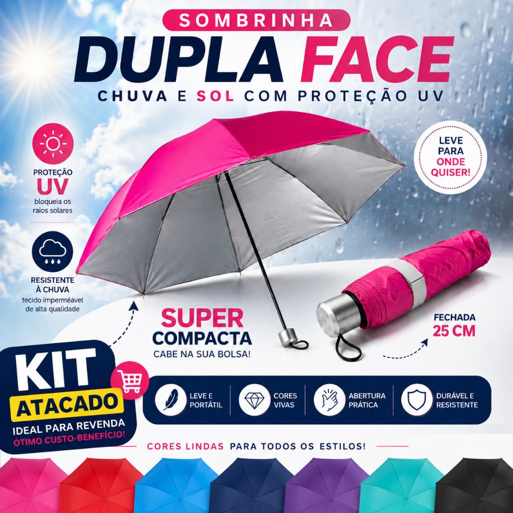 KIT 10/20/30 Sombrinha Dupla Face Proteção UV Solar Guarda Chuva Reforçada Compacto Portátil Feminino Sol Bolsa Atacado