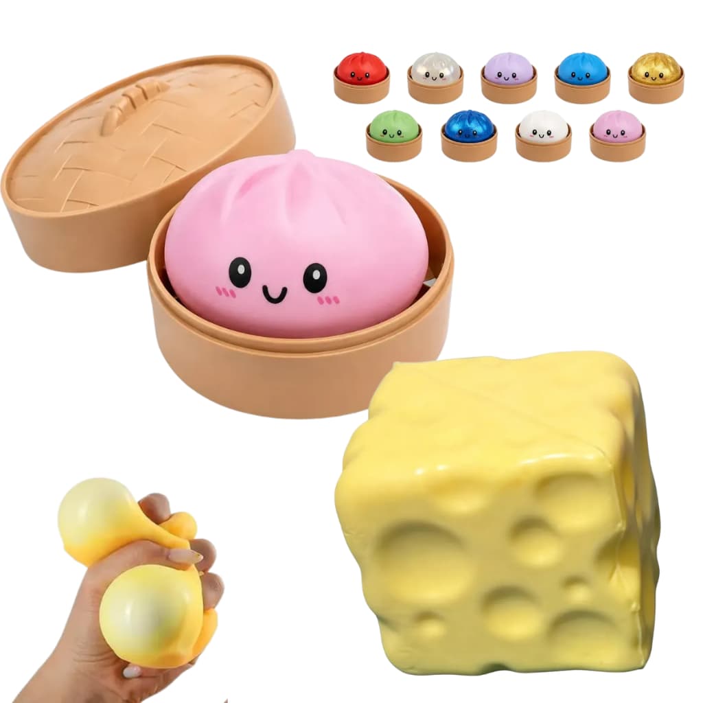 Kit 2 Taba Squishy, Dumplings Bolinho Surpresa + Squish Queijo Chesse