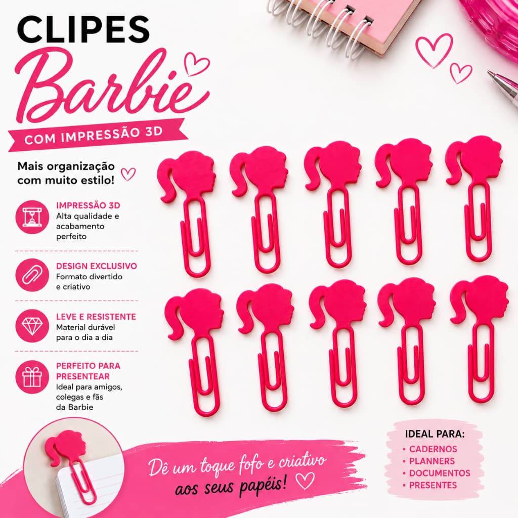 💗 Clipes Decorativos Estilo Barbie – Impressão 3D