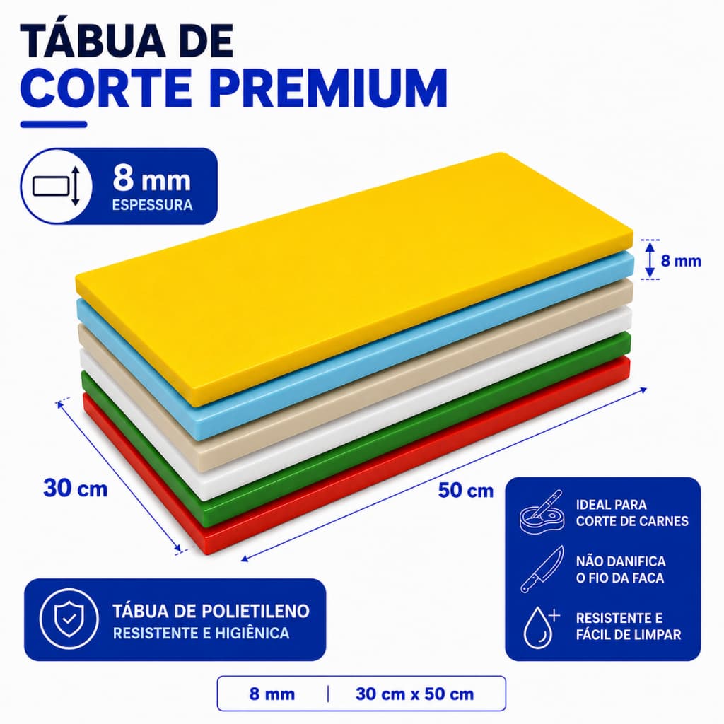 Tábua De Corte Polietileno Cores Anvisa P Cozinha 8mm x 30cm x 50cm Tábua Grande Açougue Padaria Mercado Legumes Carnes