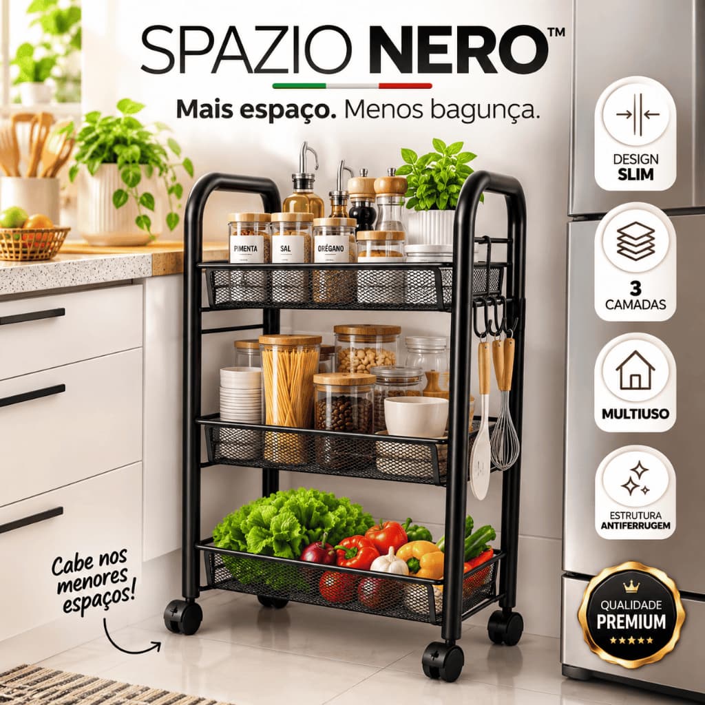 Carrinho Organizador Slim 3 Andares Com Rodinhas Para Cozinha Banheiro Espaços Estreitos