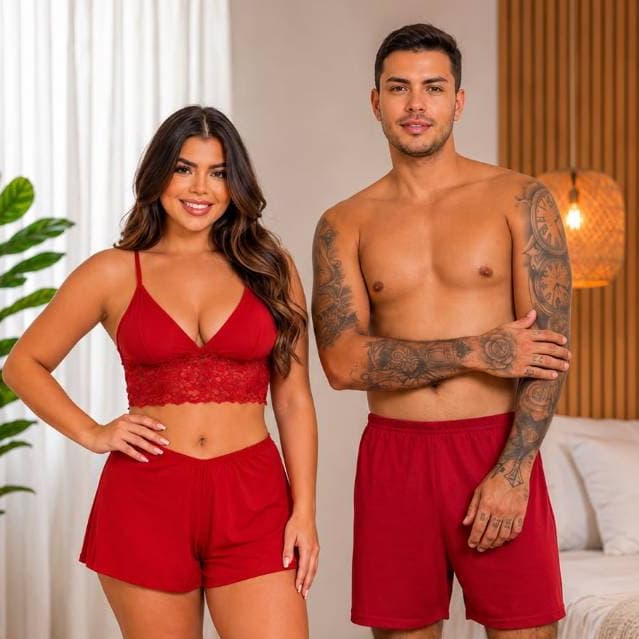 Pijama Casal ShortDoll Top + Samba Canção Moda Masculina e Feminina Conforto e Estilo Para Dormir