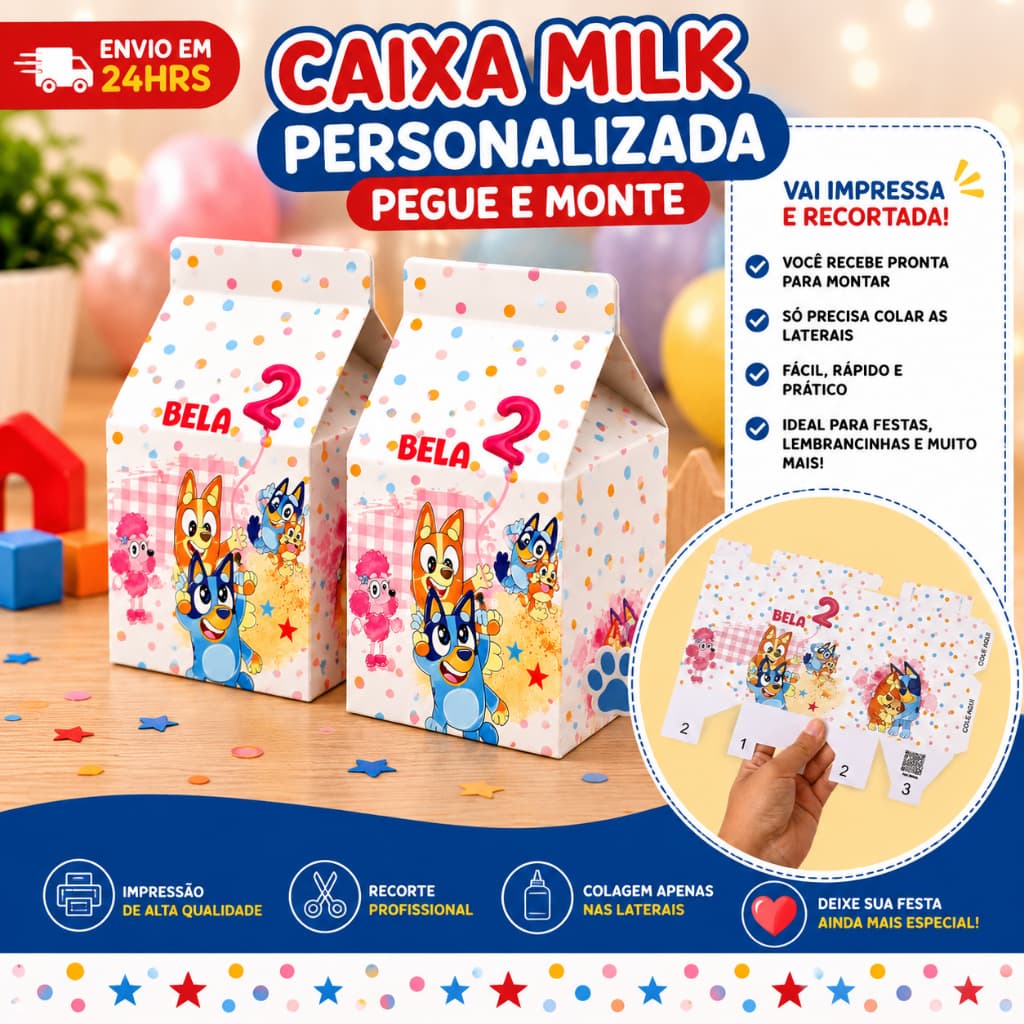 Kit 10 Caixa Milk Bluey Personalizados /Lembrancinha de Festa /Aniversário / PEGUE E MONTE