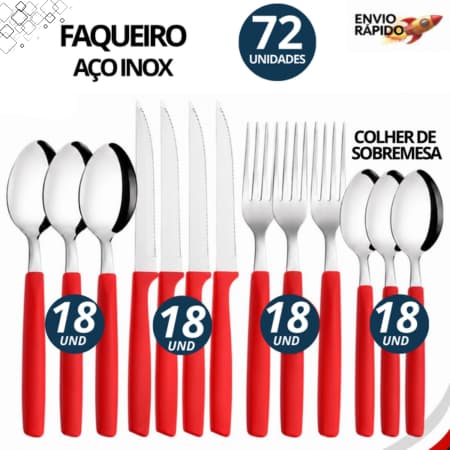 Jogo de Talheres Cabo Vermelho 24/48/72 Peças Inox Premium Resistente Moderno