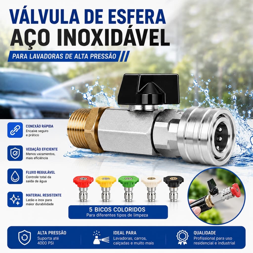 Válvula Esfera Para Lavadora Alta Pressão Engate 1/4 M22 M14