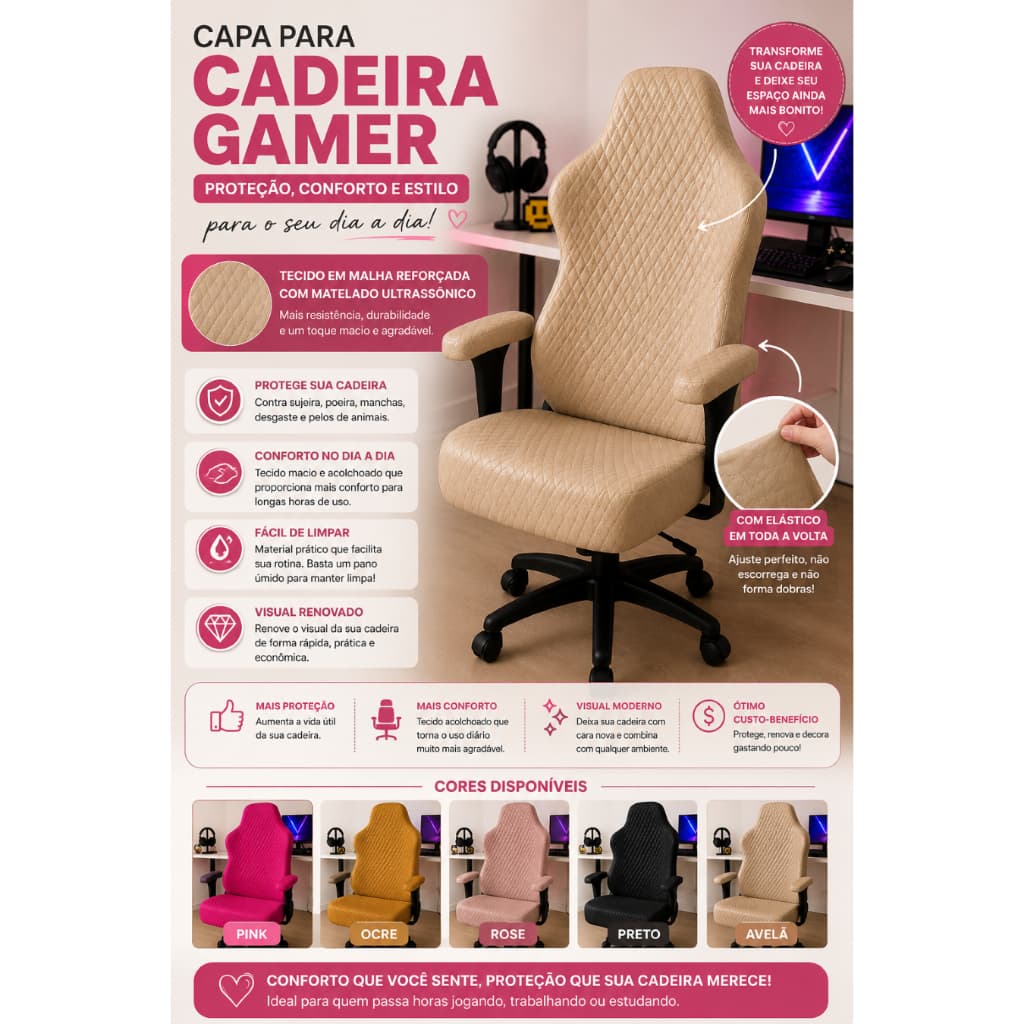 **Capa para Cadeira Gamer Malha Reforçada Matelado Ultrassônico com Elástico – Proteção e Conforto**