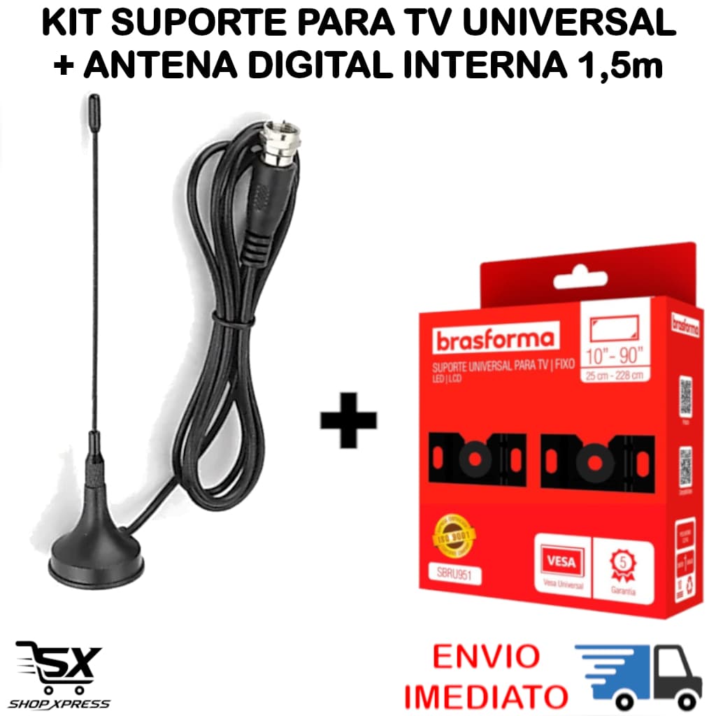 Antena Digital Interna HDTV 1,5m Amp Suporte Para TV Universal Fixo Parede Painel