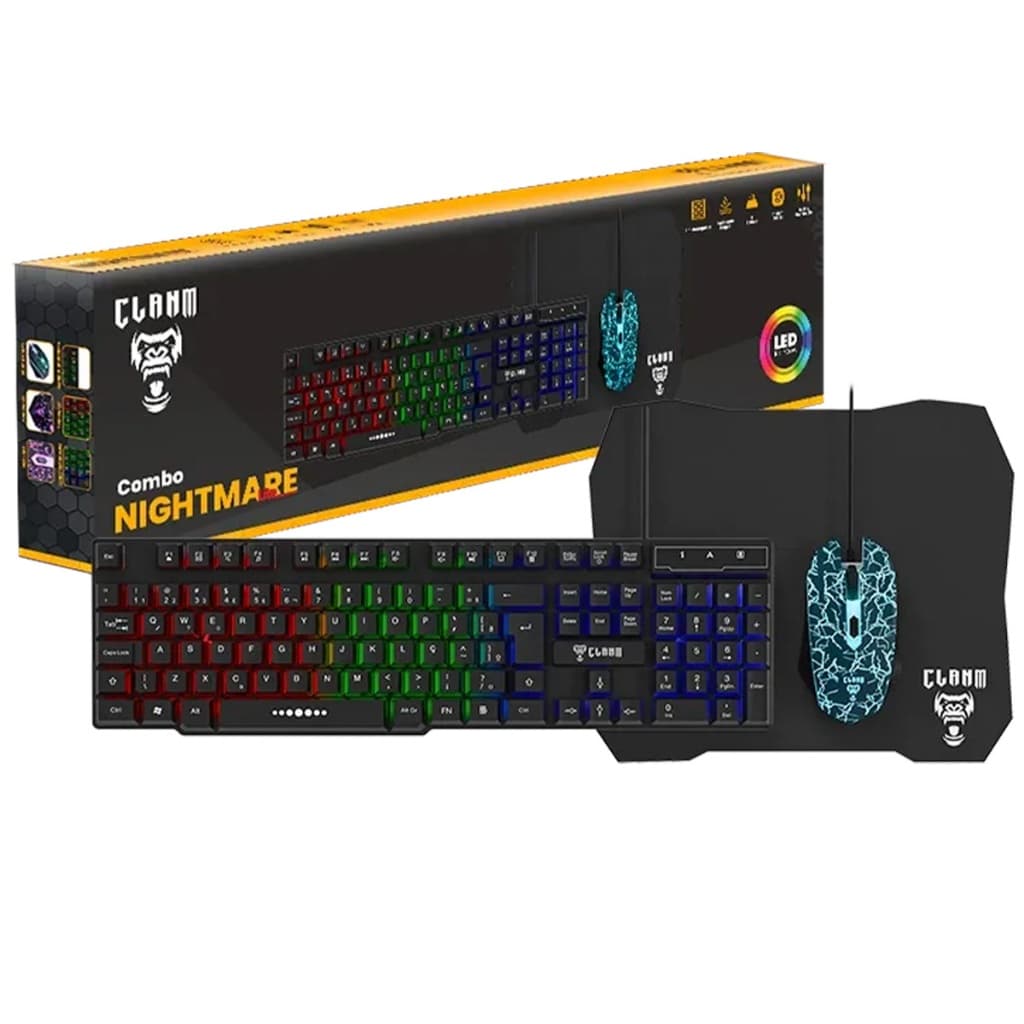 Kit Gamer Clanm Nightmare Cj-01 Teclado Led Mouse Preto Mouse Pad RGB