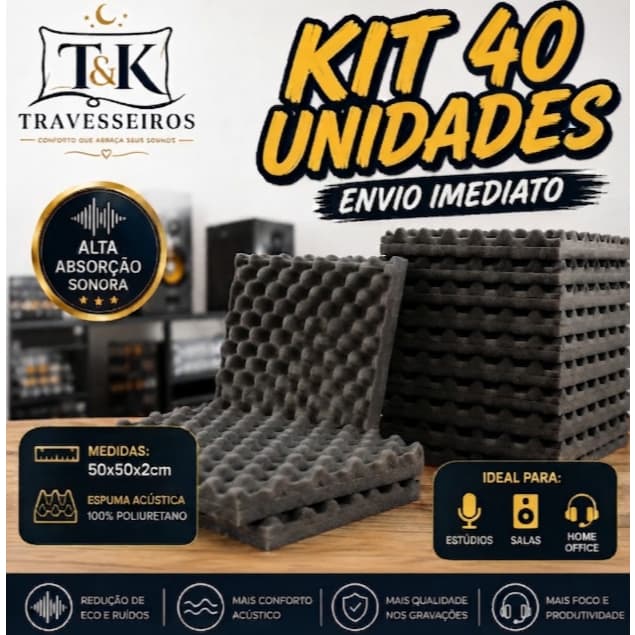 Kit 40 Placas Acústicas Espuma 50x50x2cm Antirruído Isolamento Parede Estúdio