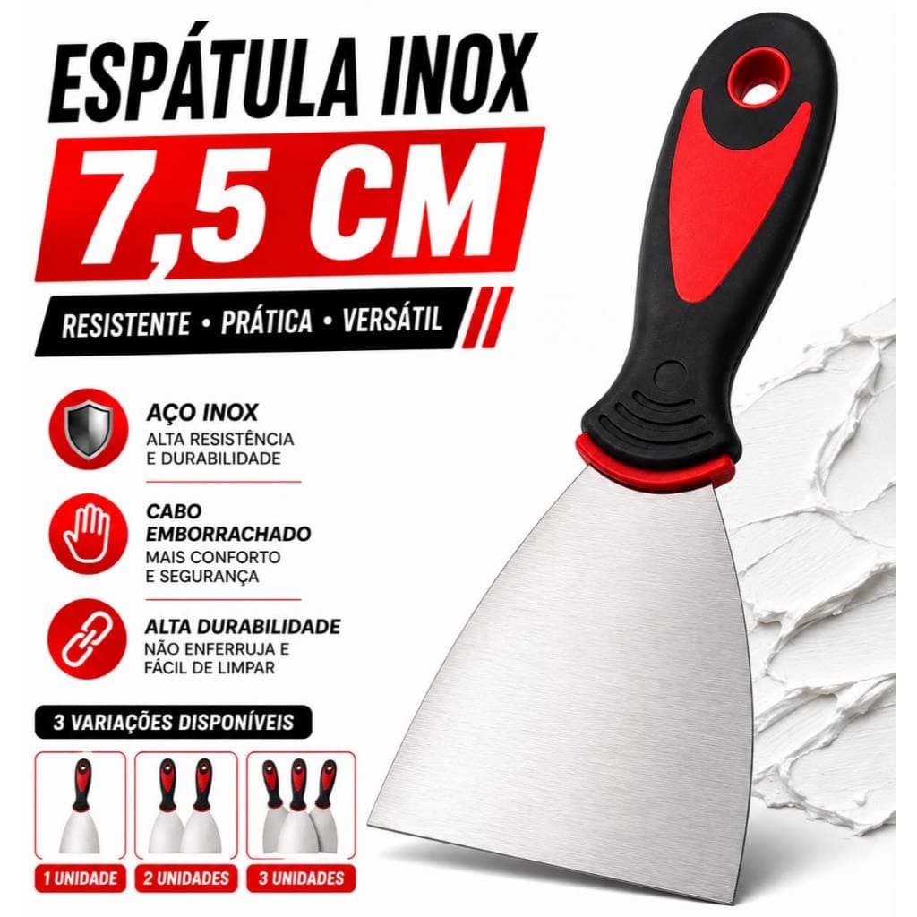 Espátula Aço Inox 7,5 Cm Reforçada Cabo Resistente Uso Profissional Massa Gesso Pintura